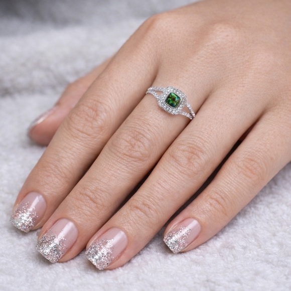 S925 Stamped Silver Opal Halo Ring Size 8 Green Fire CZ Split Shank Jewelry - Picture 3 of 12